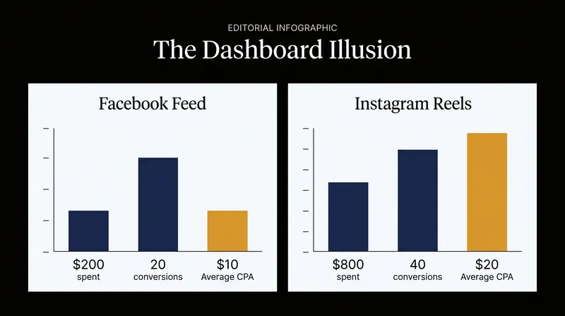 The dashboard displays historical averages, leading advertisers to incorrectly assume future conversions will cost the same.