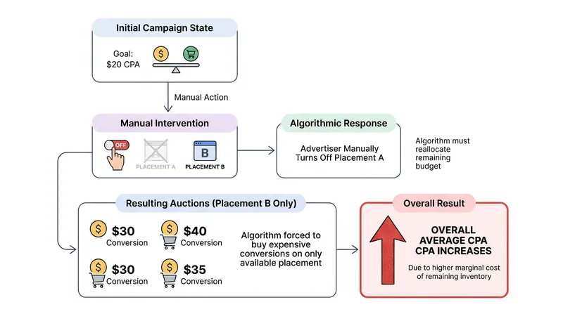 Restricting the algorithm's search radius forces it to buy more expensive marginal conversions, raising the overall campaign cost.