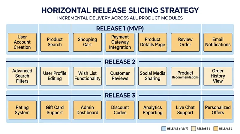 Horizontal slices group features across the entire journey to form a complete, usable release.
