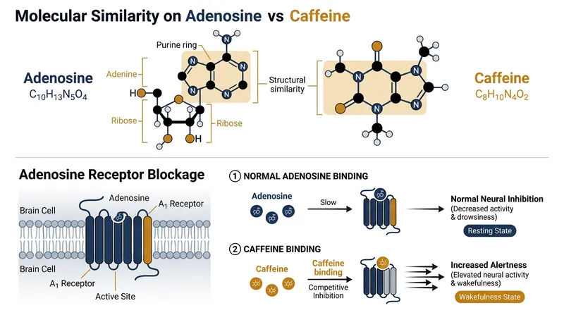 Caffeine's molecular structure allows it to wedge into adenosine receptors, blocking fatigue signals.