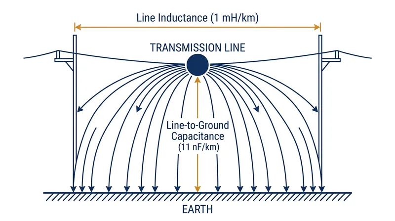 The physical space between the conductor and the ground stores electrical energy, creating distributed capacitance.