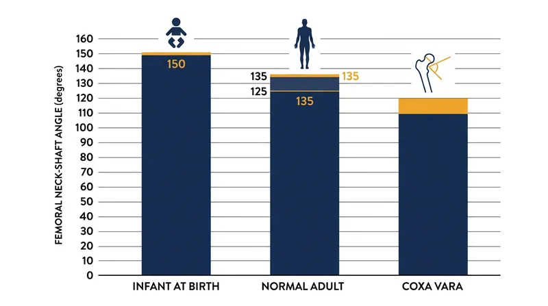 The femoral neck-shaft angle naturally decreases from infancy to adulthood, but angles below 120 degrees severely restrict lateral mobility.