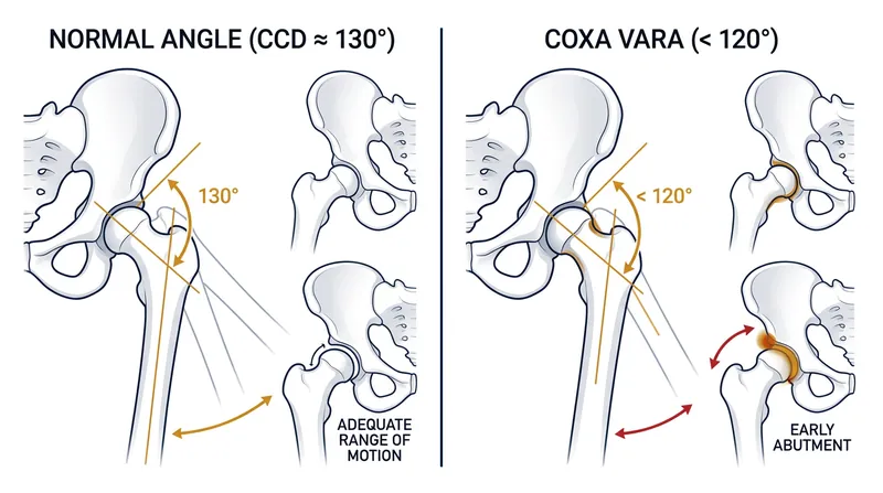 Individuals with a lower neck-shaft angle (coxa vara) experience bone-on-bone impingement much earlier in the abduction arc.