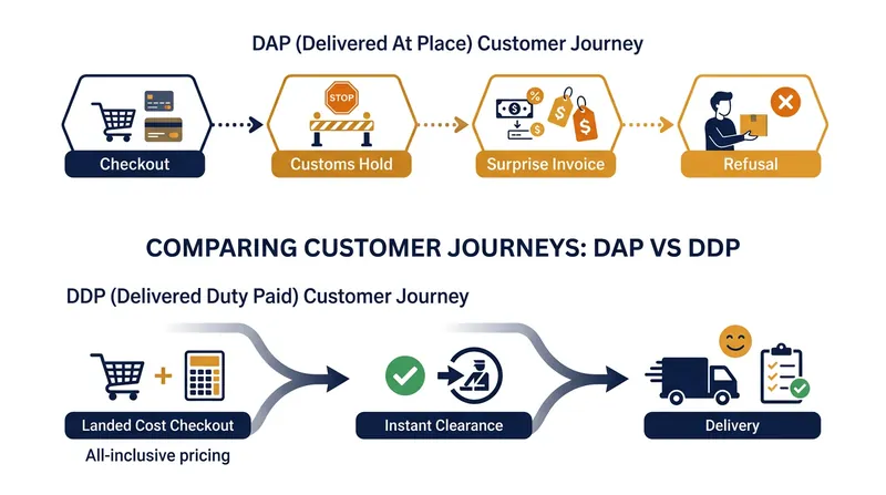 The structural difference between Delivered At Place (DAP) and Delivered Duty Paid (DDP) fulfillment models.