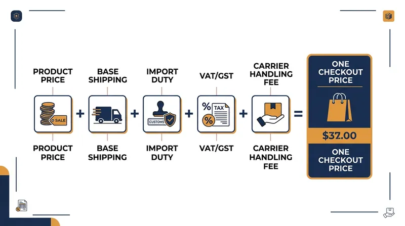 A Total Landed Cost calculation bundles all cross-border compliance fees into a single checkout price.