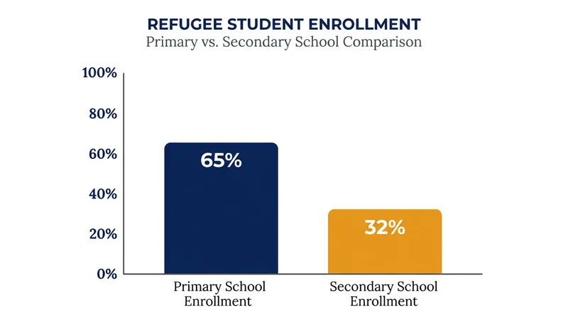 Refugee enrollment drops sharply between primary and secondary education as economic pressures and protection risks increase.