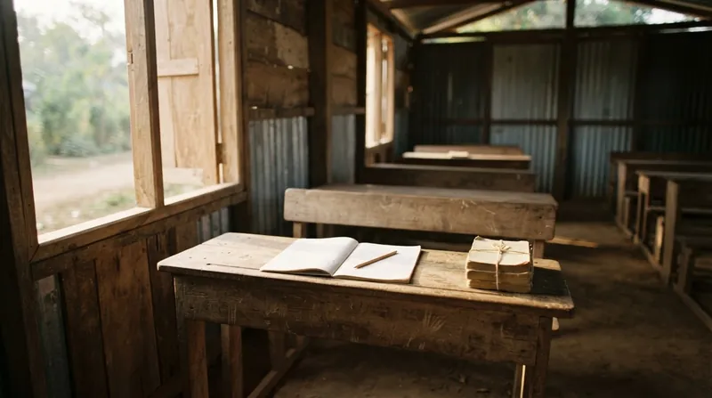 A diverse group of refugee students sitting at wooden desks in a brightly lit classroom.
