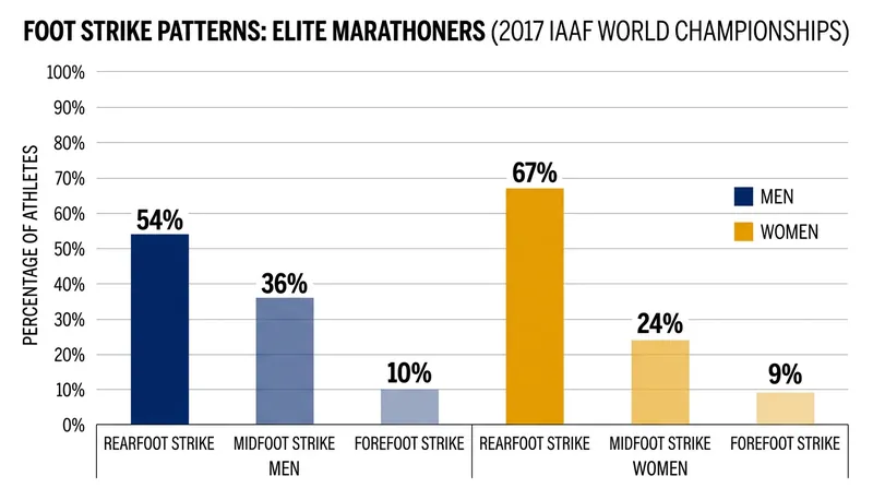 The majority of elite marathoners rely on a rearfoot strike, which uses less calf muscle energy over long distances.