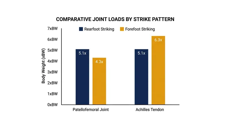 Forefoot striking reduces knee load but significantly increases the strain on the Achilles tendon.