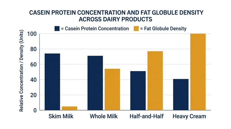 As fat content increases, the density of fat globules provides a stronger physical barrier against protein bonding.