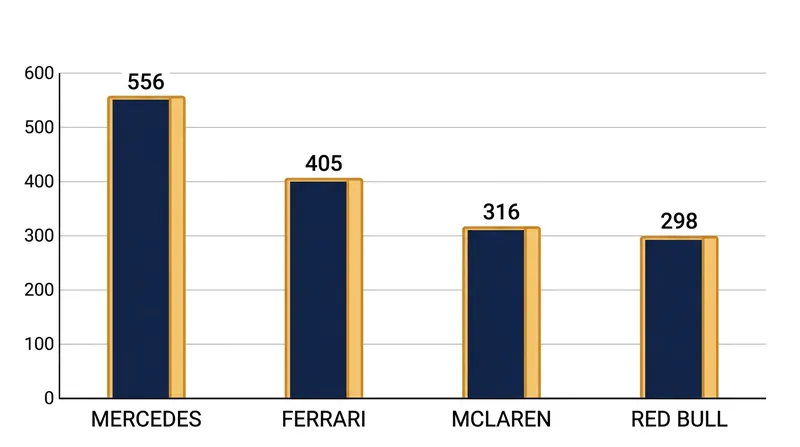 Mercedes commands the constructors' standings, while Ferrari, McLaren, and Red Bull battle for second.