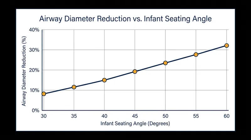 Steeper seating angles dramatically increase the likelihood of airway compression in infants under six months.