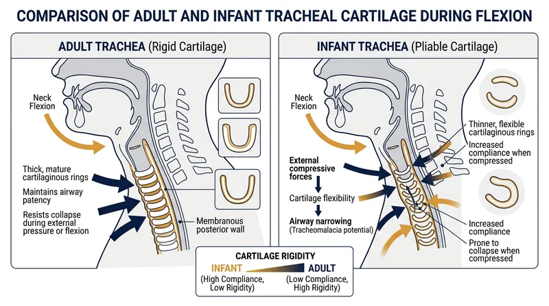 Unlike adult windpipes, a newborn's soft tracheal rings can fold under the weight of a slumping head.