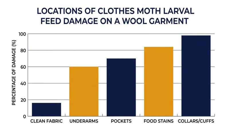 Larvae actively target areas of a garment where human sweat and food spills provide essential dietary supplements.