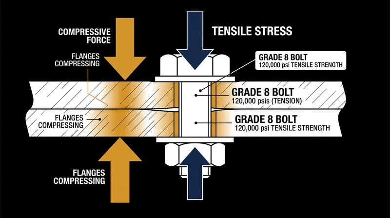 Tightening a bolt stretches the steel shaft while compressing the surrounding flanges into a stiff spring.
