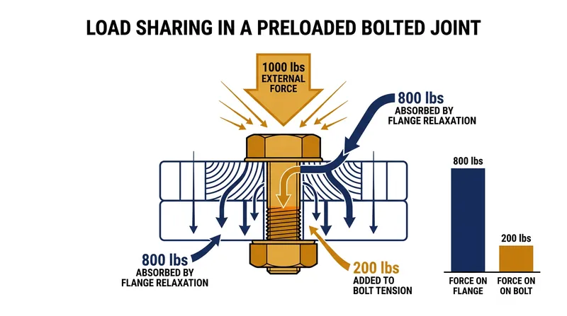 When external tension is applied, the stiffer flanges absorb 80 percent of the load by relaxing, shielding the bolt.