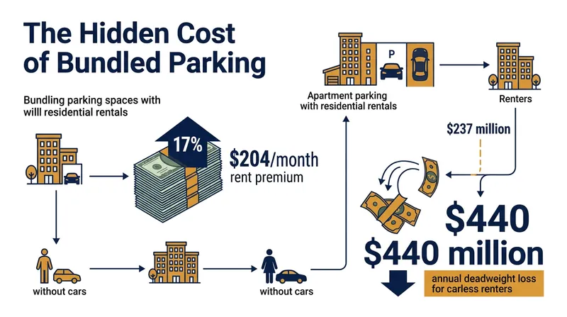 Carless tenants absorb hundreds of millions of dollars in deadweight losses annually to subsidize unused parking spaces.