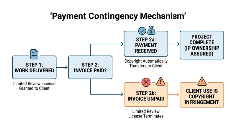 A payment contingency clause automatically revokes a client's right to use the work if the invoice expires.