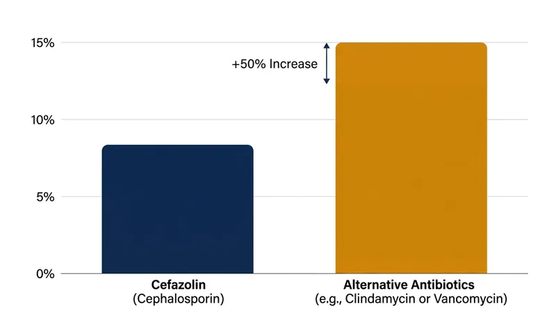Avoiding standard cephalosporins due to unverified allergies significantly increases the risk of surgical site infections.