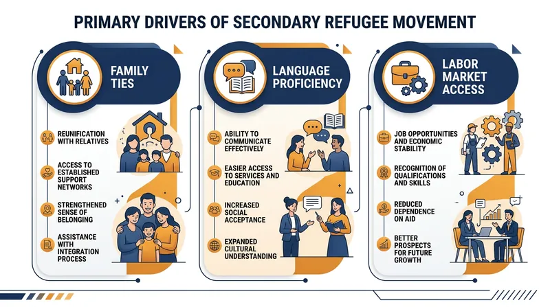 Secondary movement is primarily driven by existing diaspora networks and integration prospects.