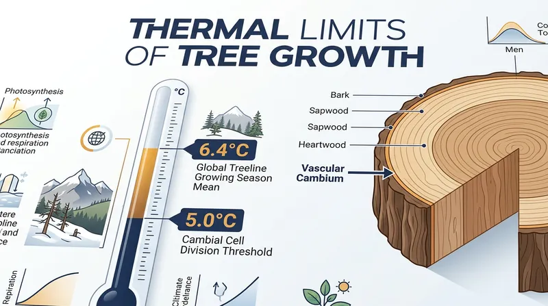 Trees require a seasonal mean of 6.4°C to ensure enough daytime hours exceed the 5°C minimum required for cambial cells to divide.