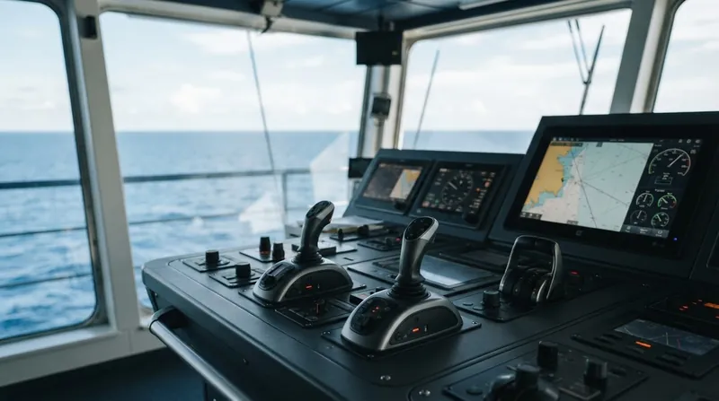 Illustration: Instead of a traditional ship's wheel, officers maneuver pod-driven vessels using 360-degree joysticks that vector the thrust directly.