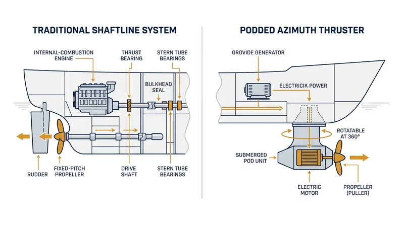 Podded propulsion moves the electric motor outside the hull, eliminating the need for a mechanical drive shaft and a traditional rudder.