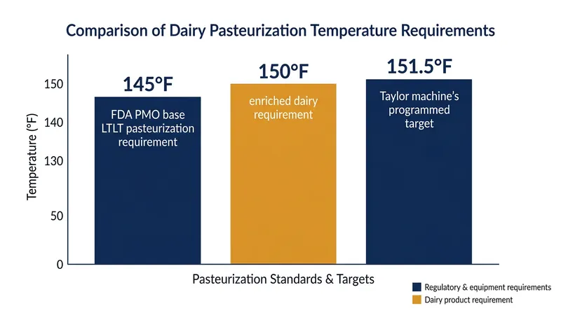 The machine's software provides a razor-thin 1.5°F buffer above the federal baseline for high-fat dairy.