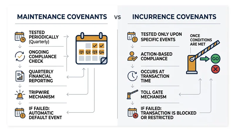 Maintenance covenants require regular testing, while incurrence covenants are only tested during specific actions.