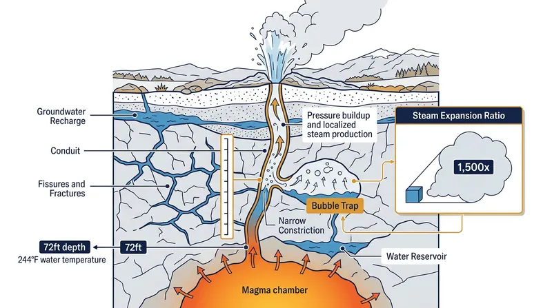 The deep underground plumbing of a geyser relies on a constricted conduit to trap superheated water under immense pressure.
