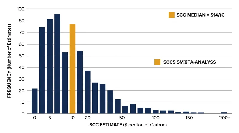 A 2005 meta-analysis of 103 estimates found a heavily right-skewed distribution for the social cost of carbon.