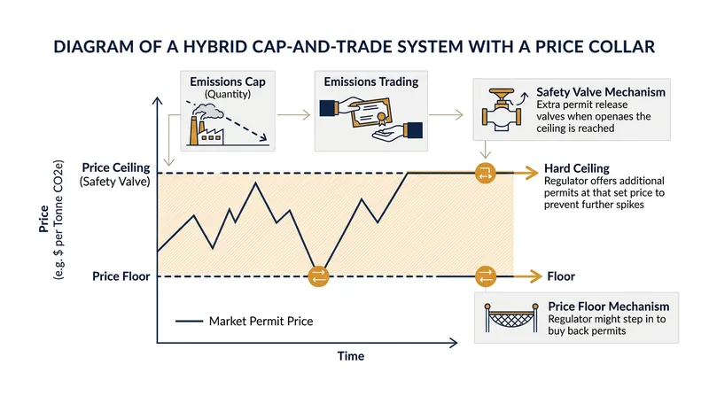 A price collar converts a cap-and-trade system into a tax at the upper bound, preventing extreme market volatility.