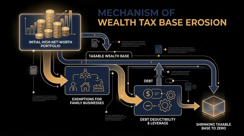 Exemptions for specific asset classes and the deductibility of debt allowed taxpayers to legally hollow out the wealth tax base.