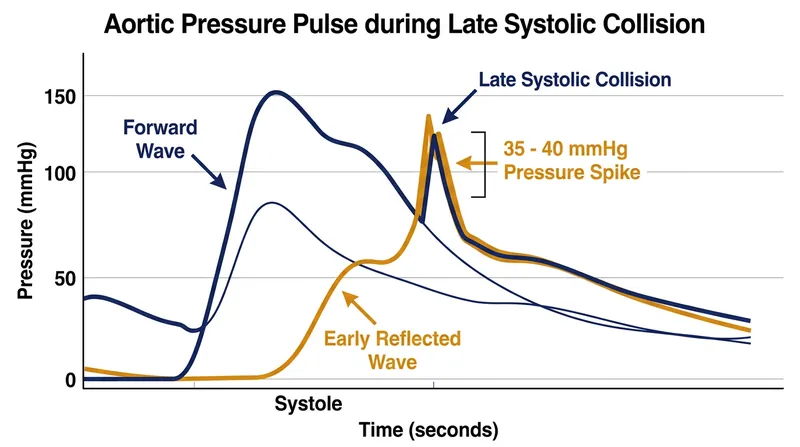 The early return of the reflected wave collides with the active heartbeat, creating a massive spike in systolic pressure.