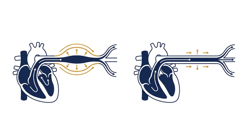 In youth, the elastin-rich aorta expands to absorb the force of the heartbeat, then recoils to maintain steady flow.