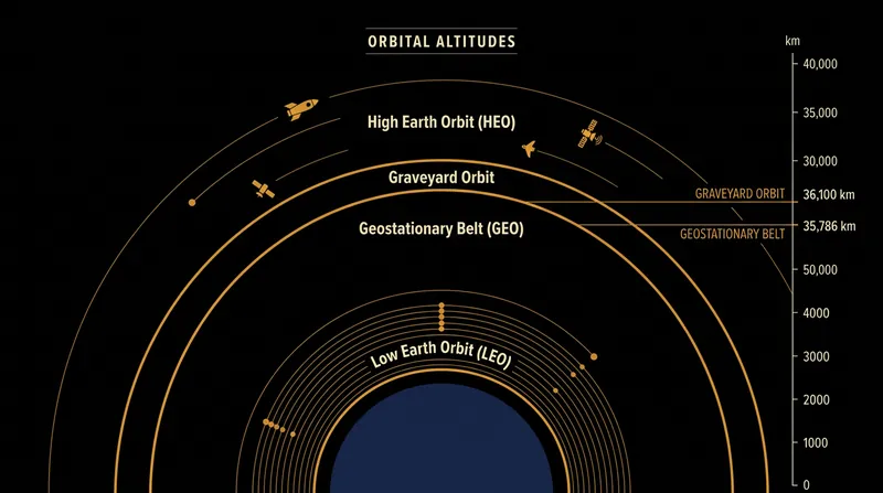 The graveyard orbit sits roughly 300 kilometers above the active geostationary belt.