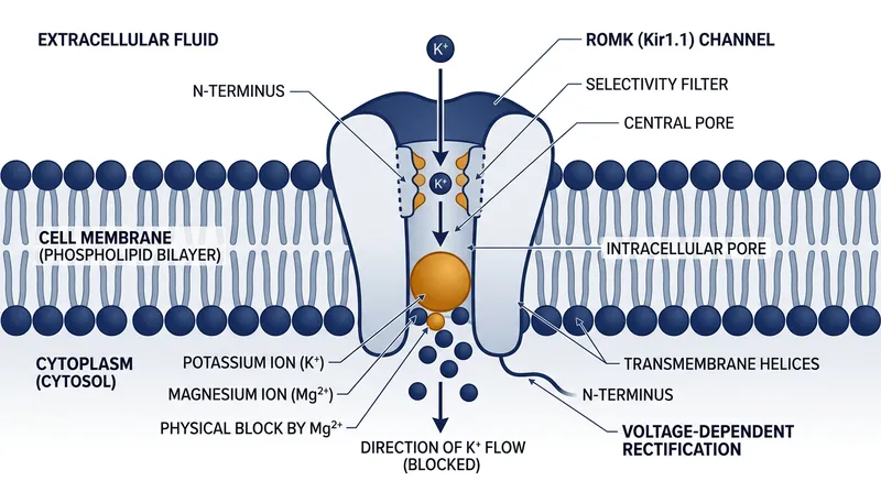Under normal conditions, intracellular magnesium physically blocks the ROMK channel pore.