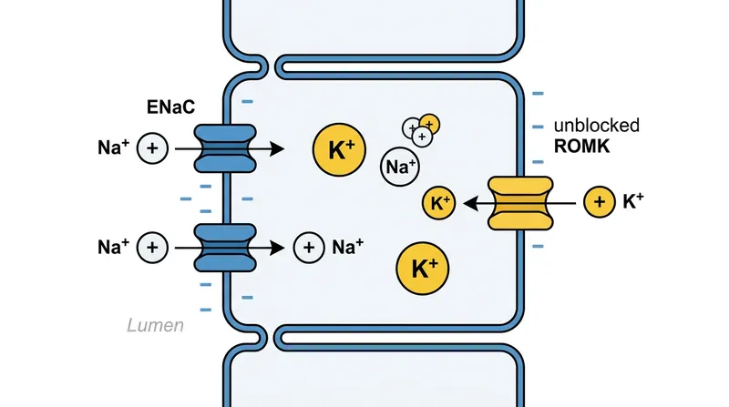 Sodium reabsorption creates a negative electrical gradient that actively pulls potassium out of the unblocked ROMK channels.