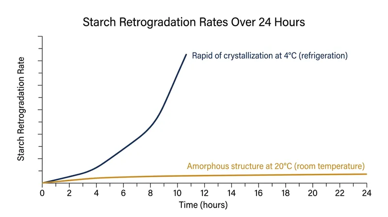 Refrigeration accelerates starch retrogradation, causing the amylopectin in short-grain rice to crystallize and harden.