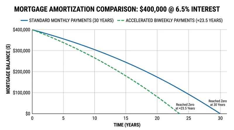 A biweekly schedule shaves 6.5 years off a standard 30-year mortgage term.