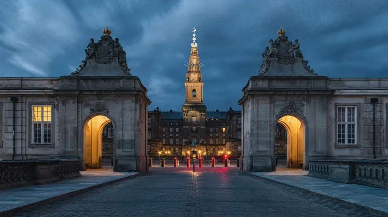 The exterior of Christiansborg Palace in Copenhagen illuminated at dusk against a dark sky.