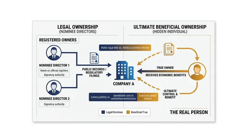 Nominee directors hold formal legal authority, insulating the true beneficiary from control tests.