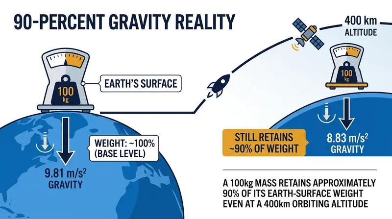 Gravity at 400 kilometers altitude is only 10 percent weaker than at sea level.