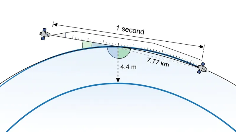 In one second, the space station falls 4.4 meters downward while traveling 7.77 kilometers horizontally.