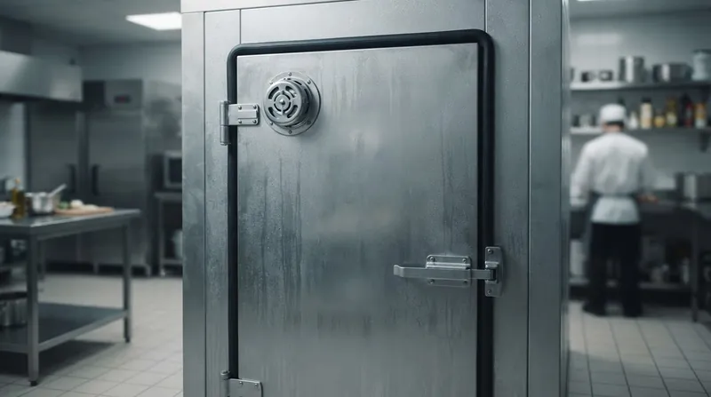 Illustration: Commercial walk-in freezers require mechanical Pressure Equalization Ports to prevent employees from being trapped by the vacuum.