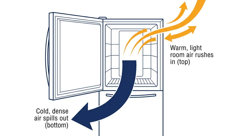 Warm room air rushes in to replace the dense, cold air that spills out of an open freezer.