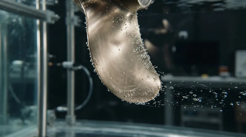 A microscopic vapor bubble collapsing asymmetrically and firing a liquid microjet into a scarred metal surface.
