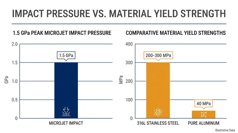Microjet impact pressures vastly exceed the yield strength of standard marine alloys.