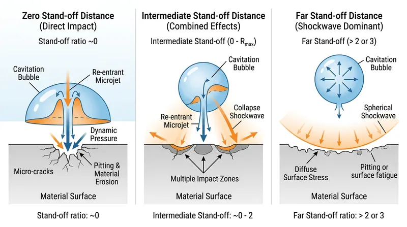 Stand-off distance determines whether the microjet or the shockwave causes the primary damage.