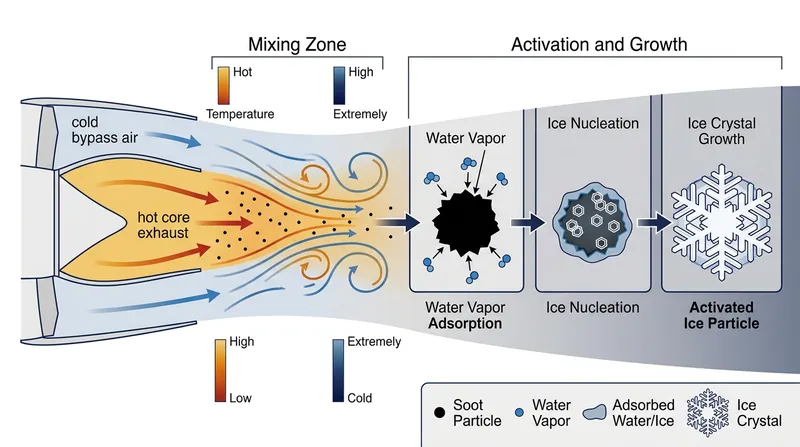 High-bypass engines aggressively mix cold air with the hot core exhaust, rapidly freezing water vapor onto microscopic soot particles.